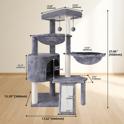 Cat Tree Cat Tower with Cat Scratching Posts,Activity Centre Climbing Tree Cat Furniture with Cat Condo and Two Hammocks,Beige