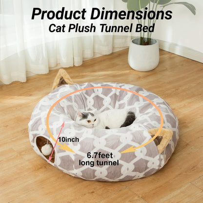 Cat Dog Tunnel Bed with Cushion Tube Toys Oxford Cloth Large Diameter Longer Crinkle Collapsible 3 Way for Large Cats Kittens Kitty Small Puppy Outdoor 3FT