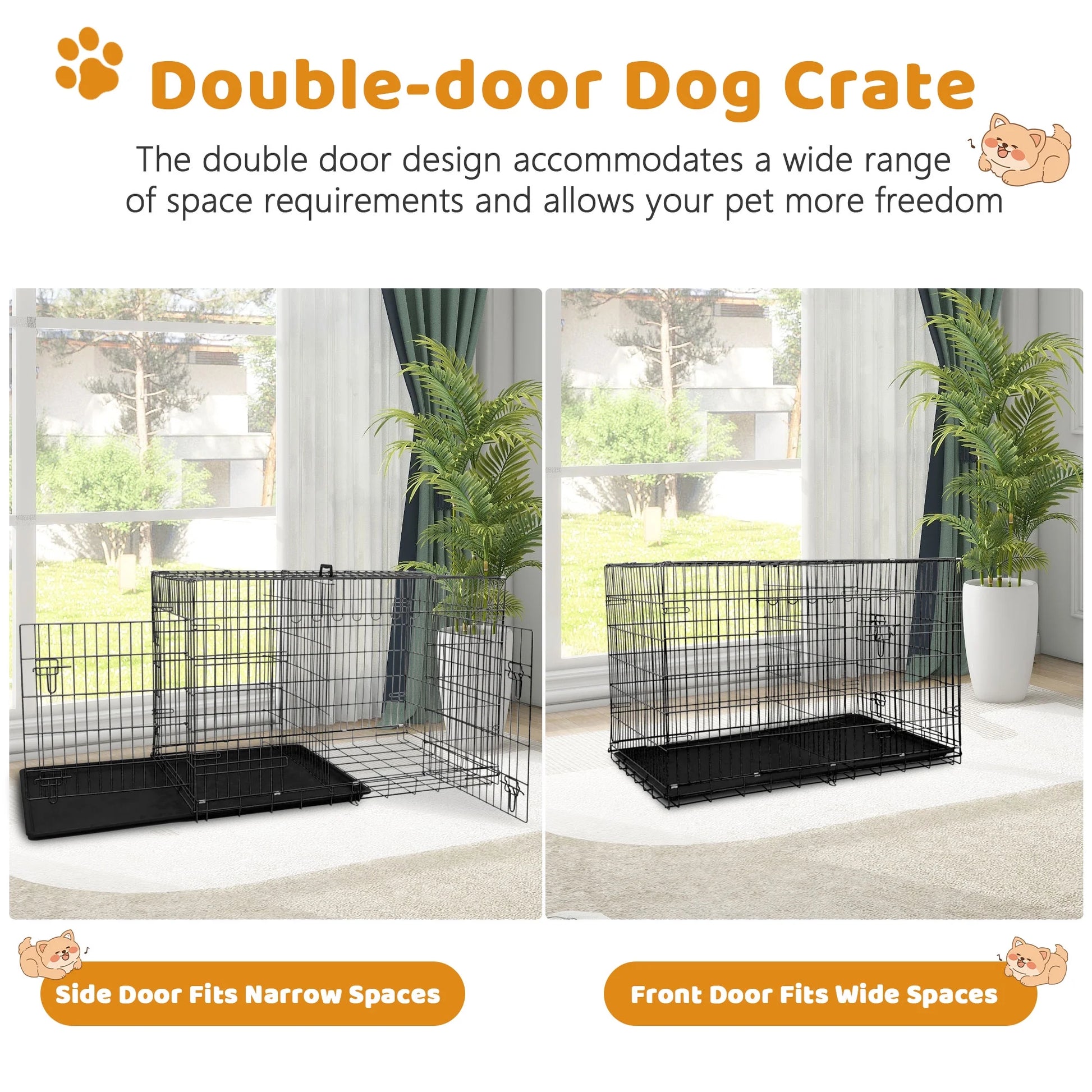 48 Inch Dog Crate, Dog Crates and Kennels for Big Dog Foldable Large Dog Crate for Large Dogs with Handle Double-Door Outdoor Metal Wire Dog Cage with Plastic Tray for Medium Dogs, Black