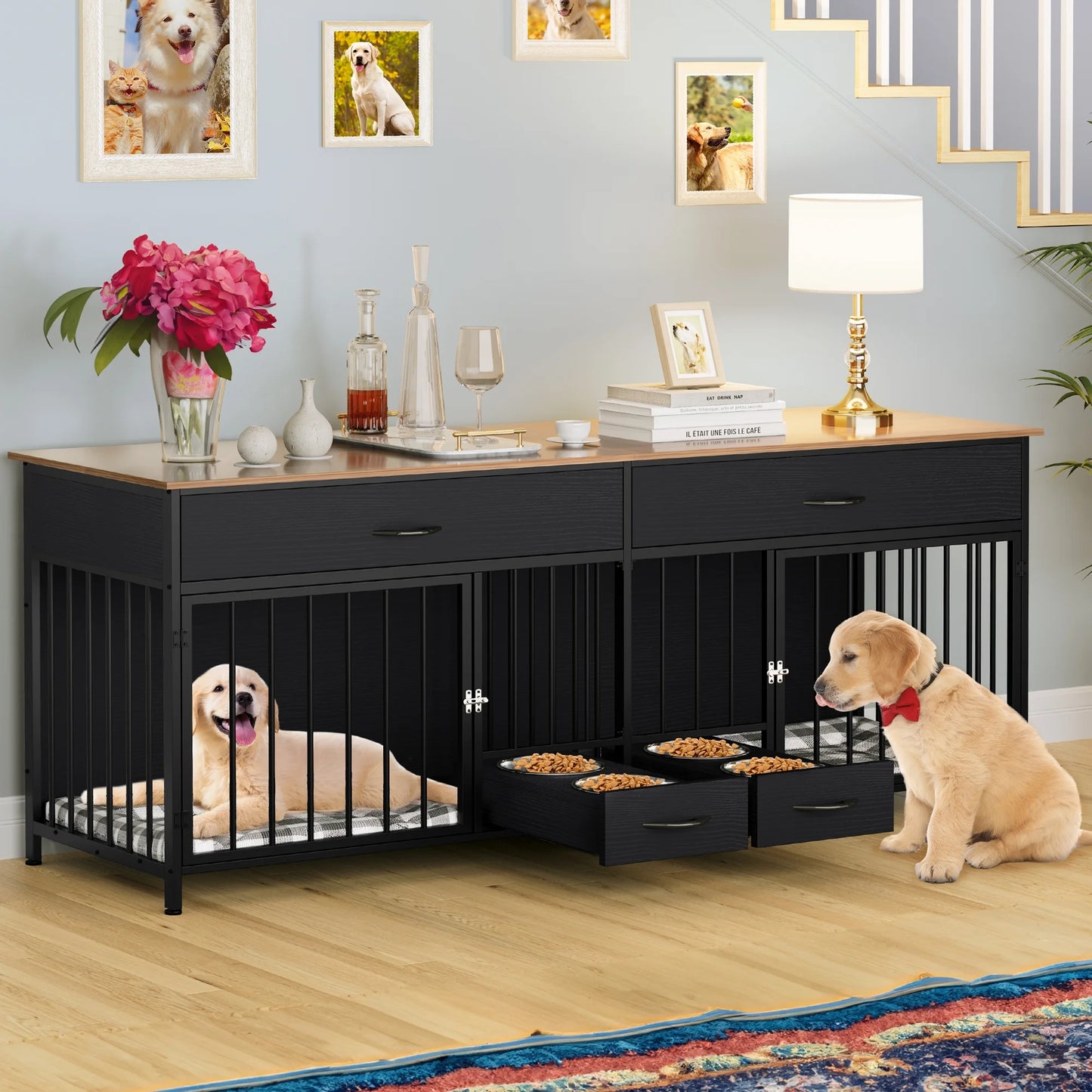 Indoor Dog Crate Furniture Large Breed with Storage&Dog Feeder, Double Dog Kennel Furniture TV Stand, 74.8" Inch Wooden Decorative Dog Kennel Furniture for 2 Dogs, Black