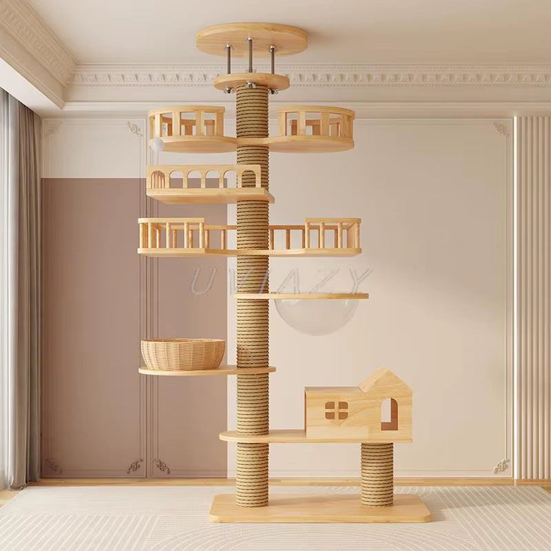 Multi-Level Floor-To-Ceiling Cat Tree Wood Climbing Frame Tree Scratching Sisal Pillar Jumping Platform Tower Height 250-270Cm