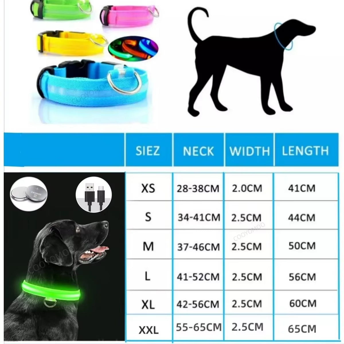 Dog Luminouscollar Anti-Lost Glowing LED Light Pet Collar Collar for Small Medium Large Dogs Collars Leads Safety Necklace