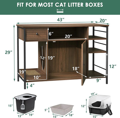 6 in 1 Wooden Cat Litter Box Enclosure Furniture with Litter Filter, Drawer and Shelves for Litter Boxes